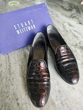 Stuart Weitzman Womens  Dark Burgundy Brown Croc-Embossed Leather Loafers 8.5